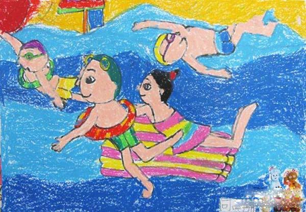 少儿夏天游泳儿童蜡笔画作品图片步骤1