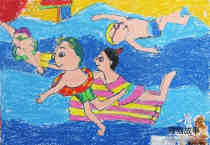 绘本故事少儿夏天游泳儿童蜡笔画作品图片