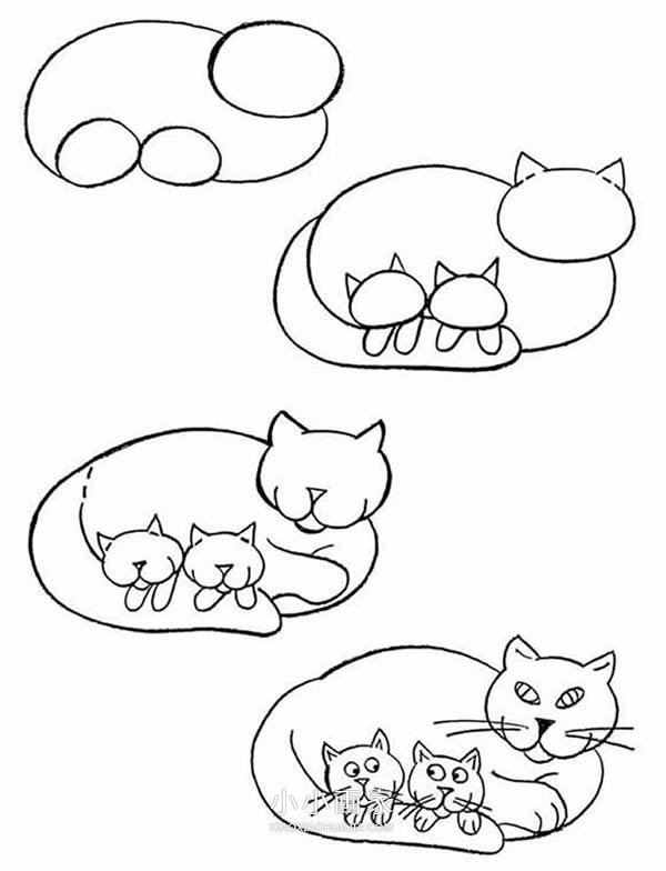 小猫一家简笔画 简单图片