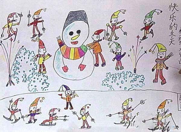 幼儿冬天滑雪儿童画图片:快乐的冬天