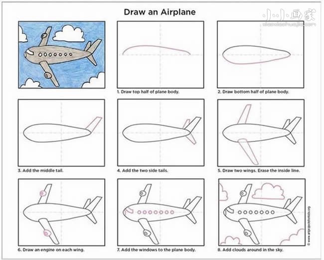 绘本故事蓝天白云间的航空飞机简笔画画法图片步骤