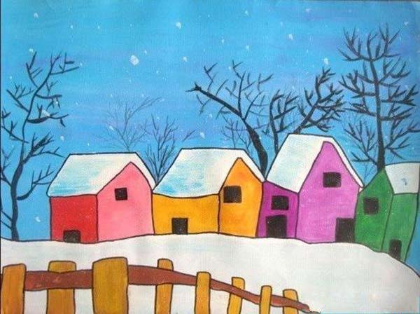 冬天雪中小屋儿童参赛水彩画获奖作品图片步骤1