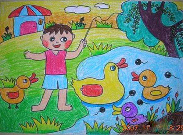 幼儿优秀春天景象儿童蜡笔画"春天的池塘"步骤1