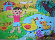 绘本故事幼儿优秀春天景象儿童蜡笔画＂春天的池塘＂