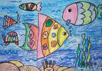 绘本故事漂亮的小鱼海底世界儿童蜡笔画作品