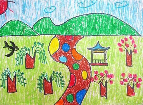 优秀小学生春天风景蜡笔画图片大全步骤1
