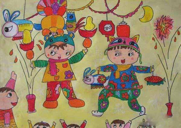 绘本故事放烟花提灯笼欢度春节儿童水彩画作品图片