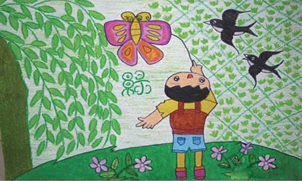 "绿柳春燕放风筝"春天风景优秀儿童画图片