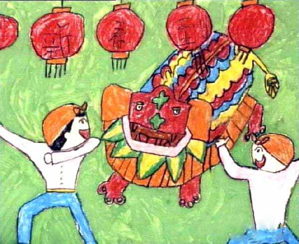 喜迎春节舞狮儿童绘画作品图片步骤1