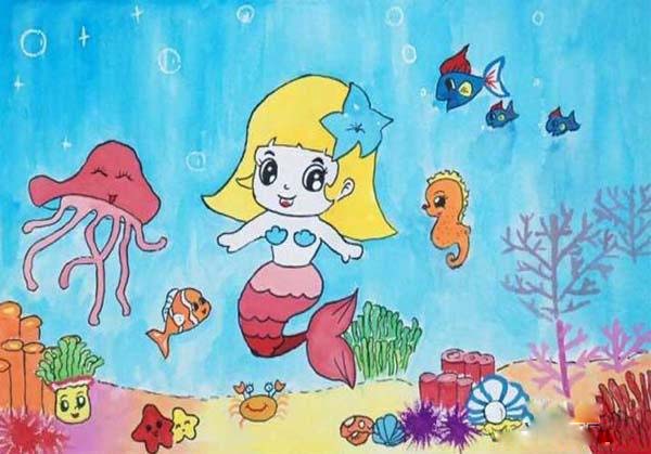 幼儿美丽的海底世界儿童画图片"美人鱼"步骤1