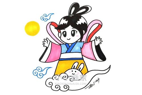 彩色中秋节嫦娥奔月简笔画画法图片步骤