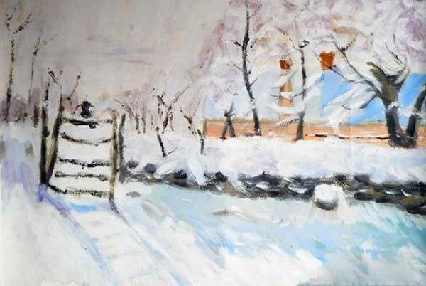 获奖的冬天雪景儿童教师范画水粉画作品步骤1