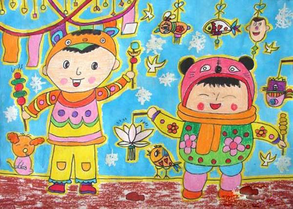 获奖小学生闹元宵儿童画优秀作品图片步骤1
