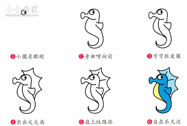 绘本故事彩色小海马简笔画画法图片步骤