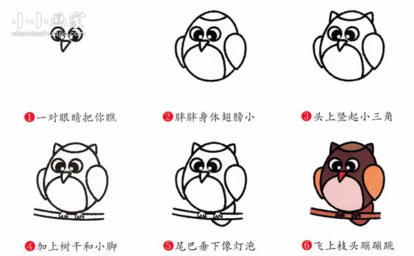 绘本故事可爱彩色猫头鹰简笔画画法图片步骤