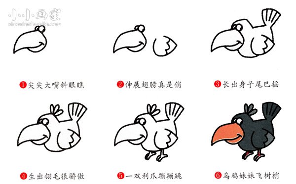 彩色卡通乌鸦简笔画画法图片步骤