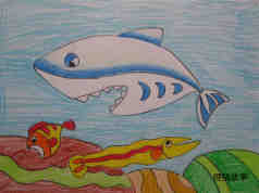 绘本故事大白鲨的画法 大白鲨鱼儿童蜡笔画图片大全
