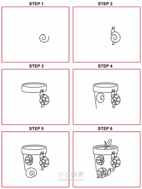 绘本故事花盆上的蜗牛简笔画画法图片步骤