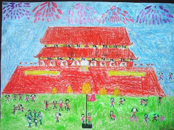 升国旗天安门儿童蜡笔画作品图片步骤1