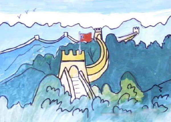 美丽的万里长城儿童水彩画作品图片步骤1