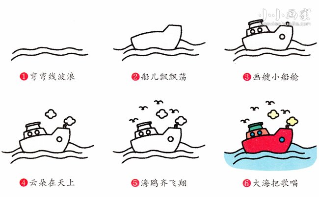 绘本故事行驶的轮船简笔画画法图片步骤