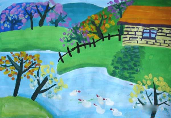 感受春天的气息风景儿童水粉画作品图片步骤1