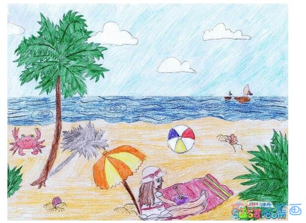 涂色海滩游玩儿童画 关于海边的简笔画图片步骤2