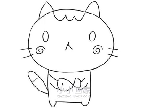 拿着小鱼的卡通猫咪简笔画画法图片步骤步骤6