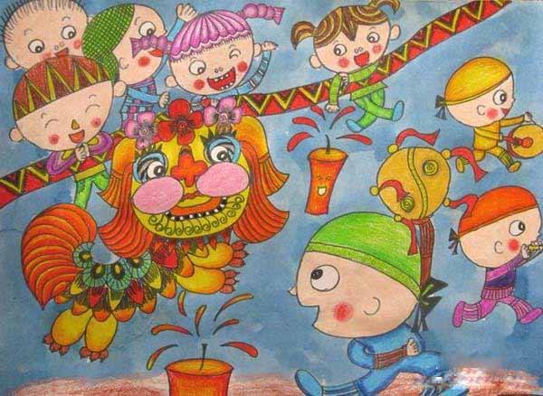 小学生过春节舞狮儿童水彩画获奖作品图片步骤1