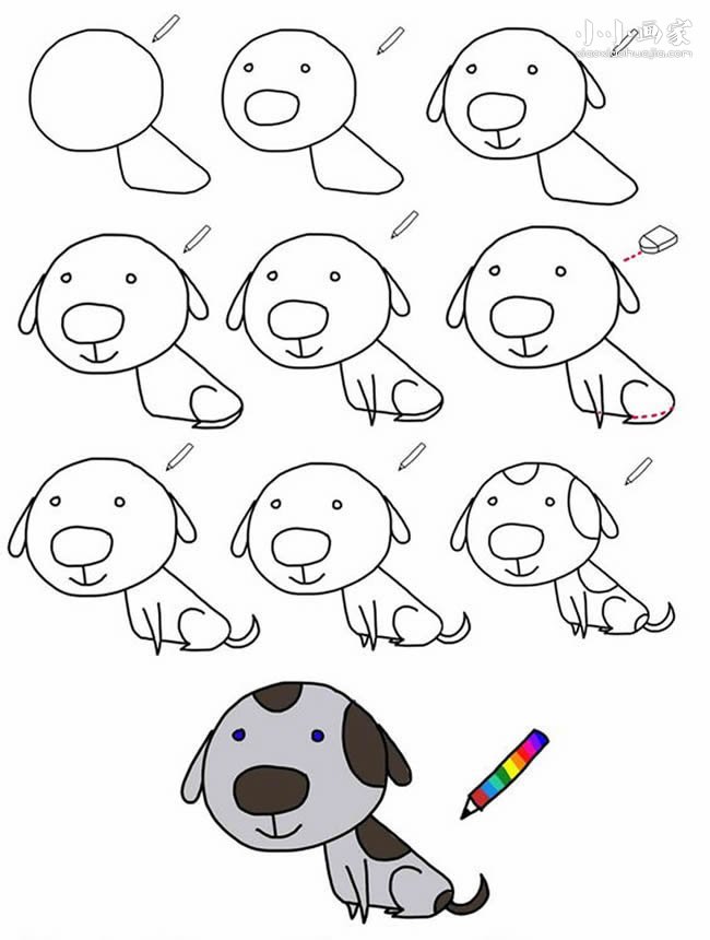 绘本故事彩色卡通乖小狗简笔画画法图片步骤