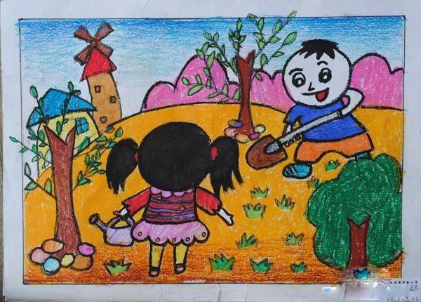 春天小学生植树儿童画作品图片欣赏步骤1