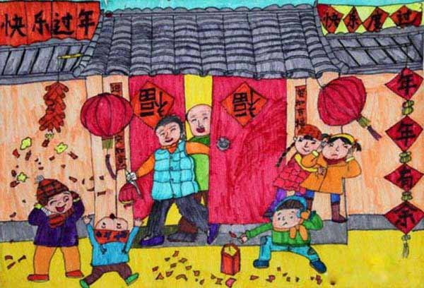 放鞭炮快乐过年春节儿童绘画作品图片步骤1