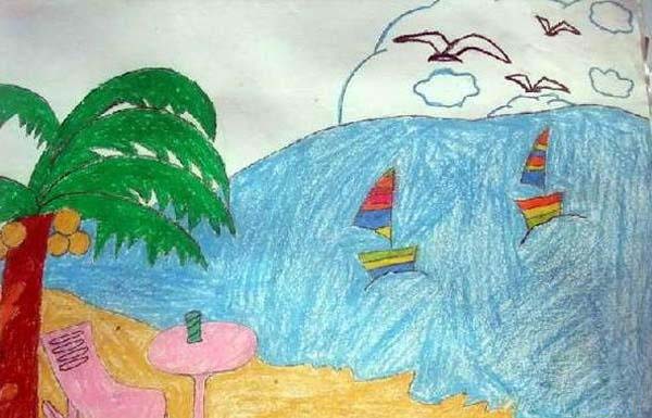 夏天海边沙滩风景儿童教师范画作品