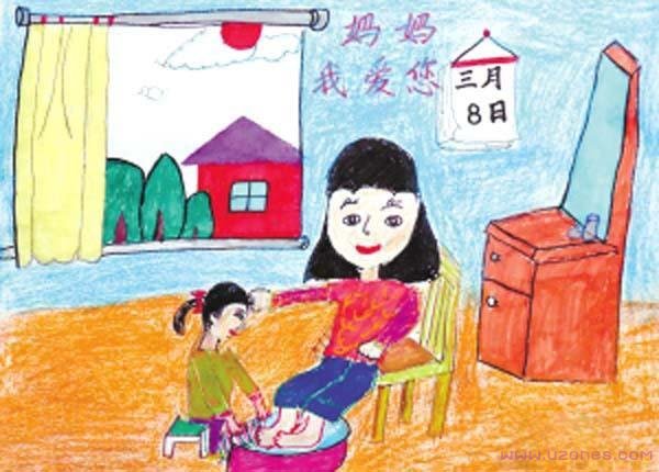 "帮妈妈洗脚"妇女节儿童蜡笔画图片步骤1