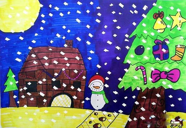 圣诞节下雪儿童水彩画作品图片大全步骤1