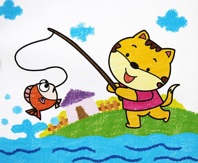 在河边钓鱼的小猫咪儿童水彩画图片大全素描步骤1