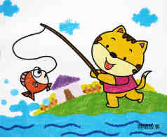 绘本故事在河边钓鱼的小猫咪儿童水彩画图片大全素描
