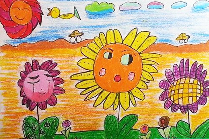 绘本故事向日葵画图片 太阳花儿童蜡笔画教程彩图