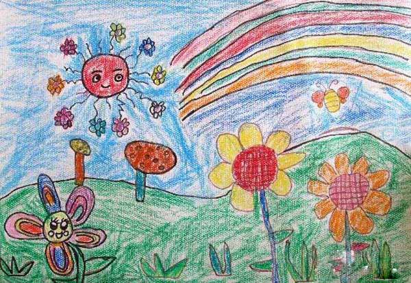 幼儿可爱的花朵春天风景蜡笔画作品步骤1