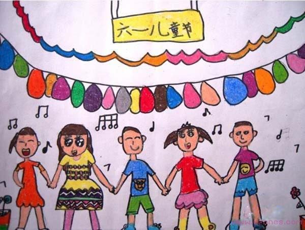 幼儿携手庆祝六一儿童节蜡笔画获奖作品步骤1