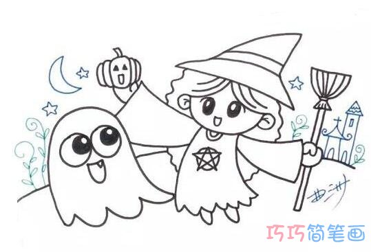 幽灵和小魔女要怎么画好看_带色彩万圣节简笔画图片步骤1