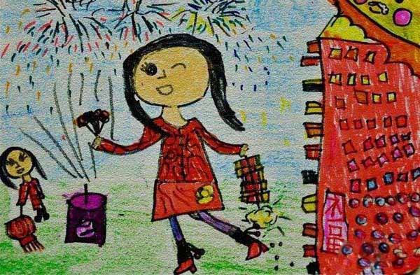绘本故事小女孩春节放鞭炮儿童绘画作品图片