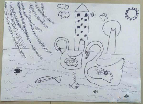 "湖里的天鹅"春天风景儿童铅笔画图片大全步骤1