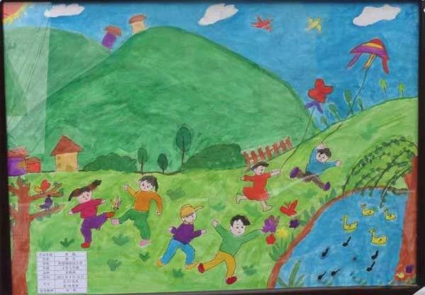 优秀春天儿童水粉画"小学生踏青放风筝"