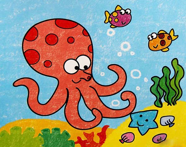 幼儿海底世界可爱的章鱼油画作品欣赏步骤1