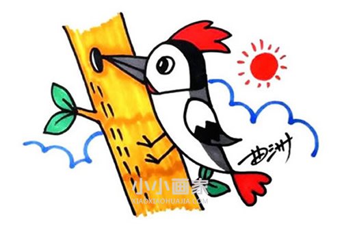捉虫子的啄木鸟简笔画画法图片步骤步骤1
