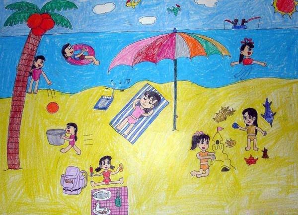夏天海边沙滩玩耍儿童画作品图片步骤1