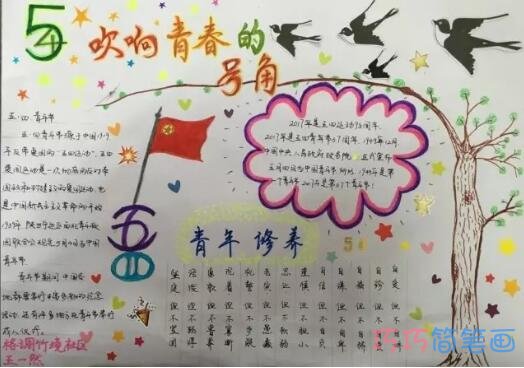 吹响青春的号角,五四精神手抄报怎么画优秀获奖步骤1