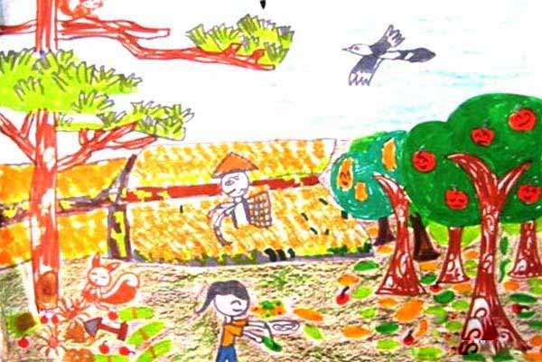 中班秋天收获的季节儿童蜡笔画作品步骤1