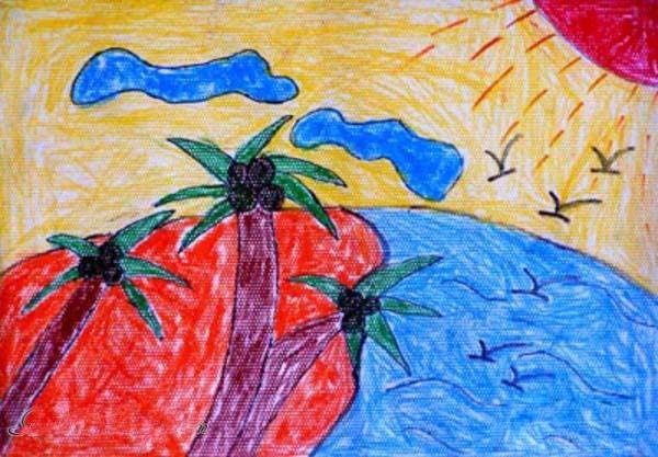 夏天美丽的海边沙滩风景儿童画图片步骤1